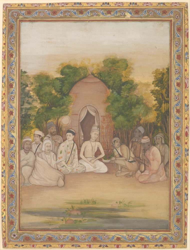 Painting of Hindu and Muslim holy men sitting together around a small hut, with one man holding a stringed instrument