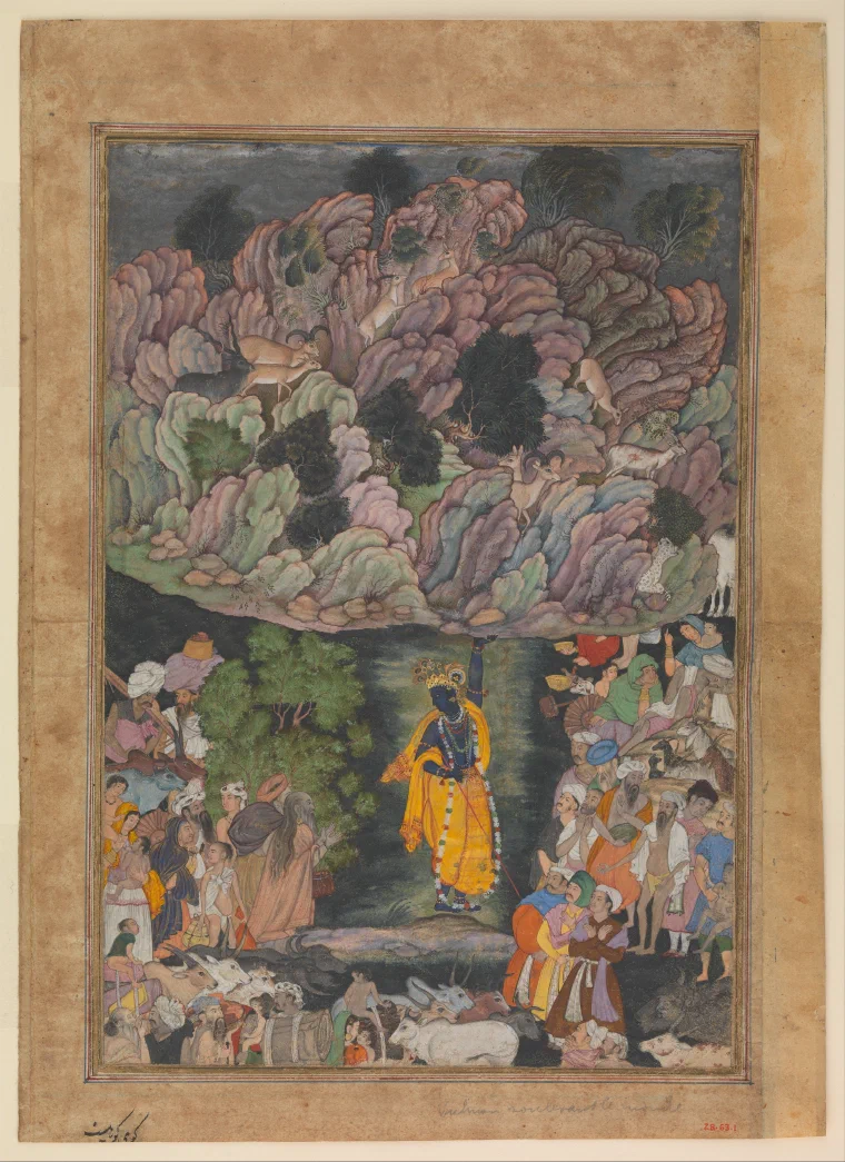 Mughal manuscript painting of Krishna lifting Mount Govardhan above villagers and cattle sheltering below