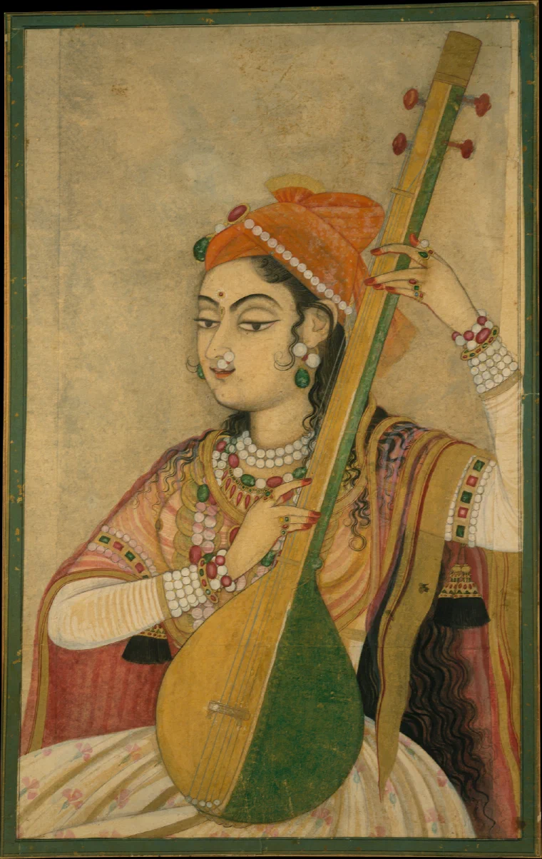 Kishangarh painting of a seated woman in profile playing a long-necked tanpura on a terrace