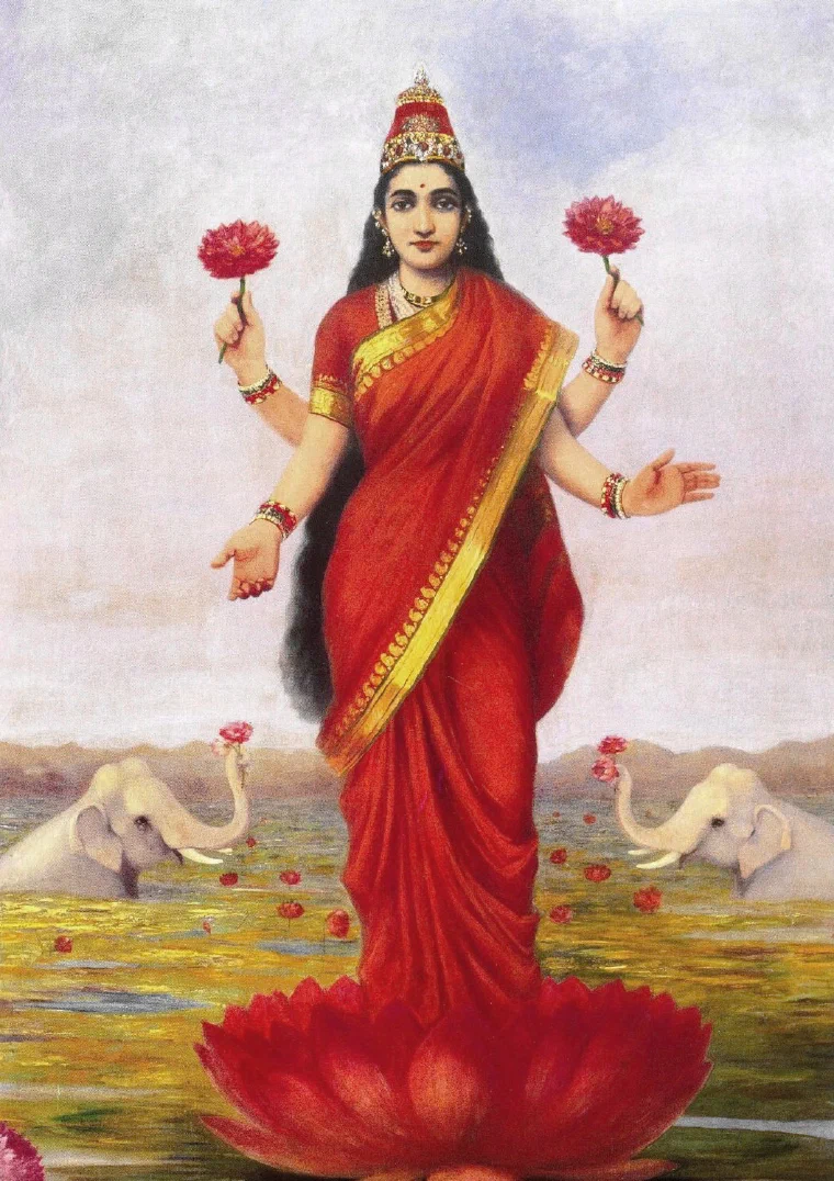 Raja Ravi Varma's 1896 oil painting of the goddess Lakshmi standing on a lotus holding lotuses, in academic European style