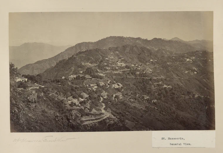 Samuel Bourne's 1875 photograph of Mussoorie, a hill station spread along a forested Himalayan ridge