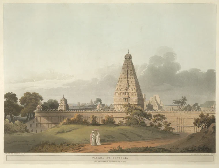 Coloured aquatint of the great temple at Thanjavur, showing its tall tiered tower rising above a walled enclosure with figures in the foreground