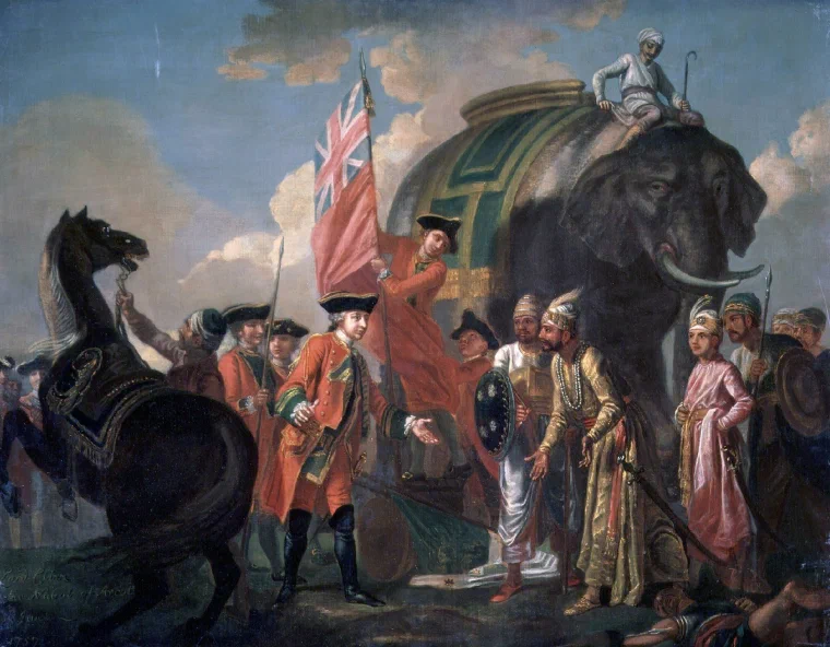 Eighteenth-century oil painting of Robert Clive meeting Mir Jafar on horseback after the Battle of Plassey, with troops behind them