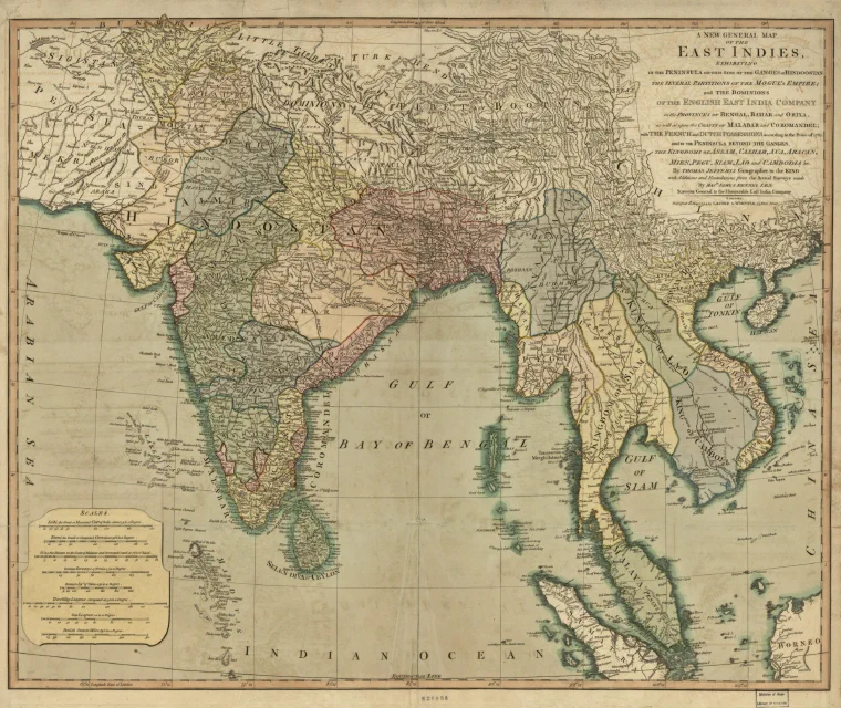 Hand-colored 1794 map of the East Indies showing the divisions of the Mogul Empire and European settlements