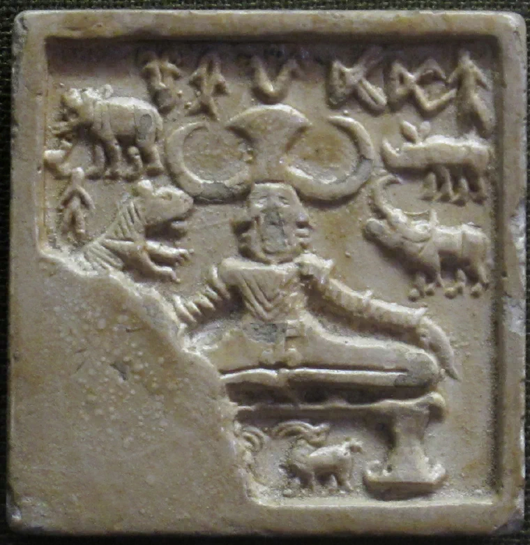 Cast of an Indus seal showing a horned seated figure surrounded by animals, with script signs above