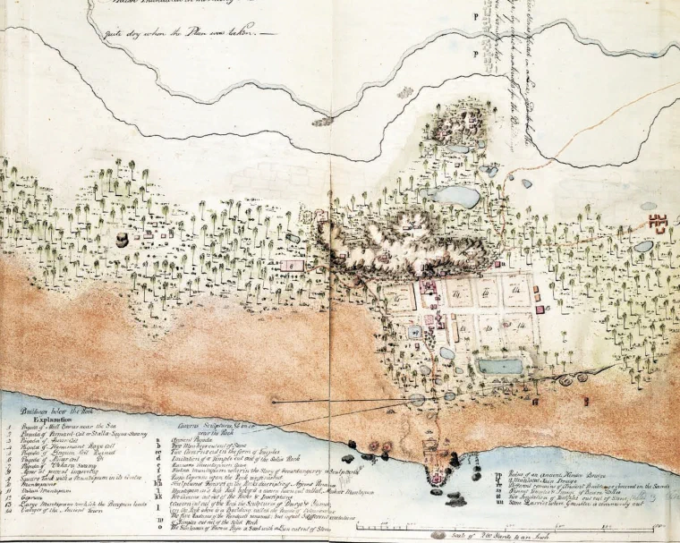 Hand-drawn 1808 survey map of Mahabalipuram showing the shore, rock outcrops, and the positions of the monuments