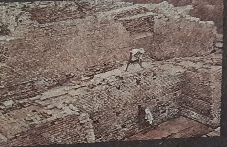 Black-and-white photograph of excavation trenches and exposed brick walls at Mohenjo-daro in 1924, with workers and spoil heaps