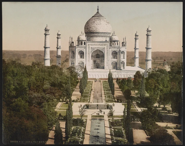 Colour photochrom of the Taj Mahal around 1890, seen from the garden across the reflecting channel