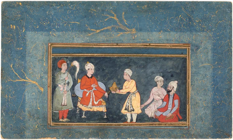 Mughal manuscript painting of a young enthroned prince receiving a turban amid a crowded court of attendants