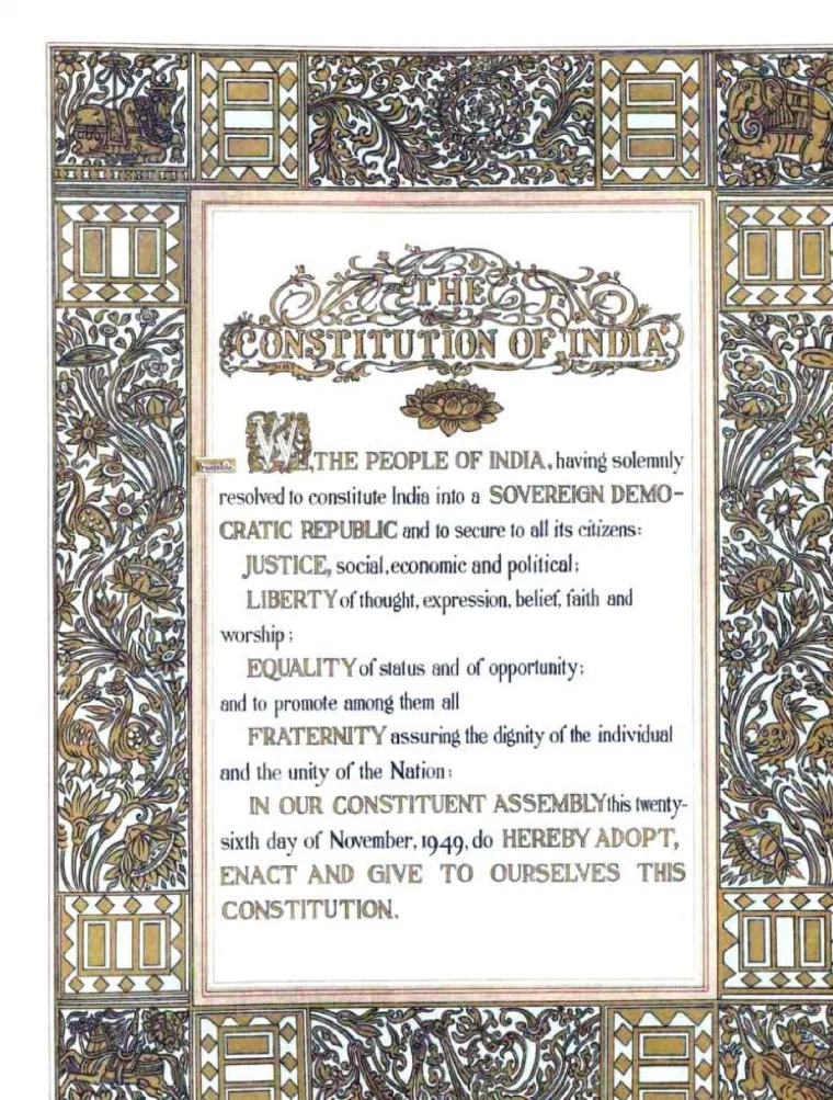 The original 1949 Preamble to the Constitution of India in calligraphy inside an ornate floral and animal border