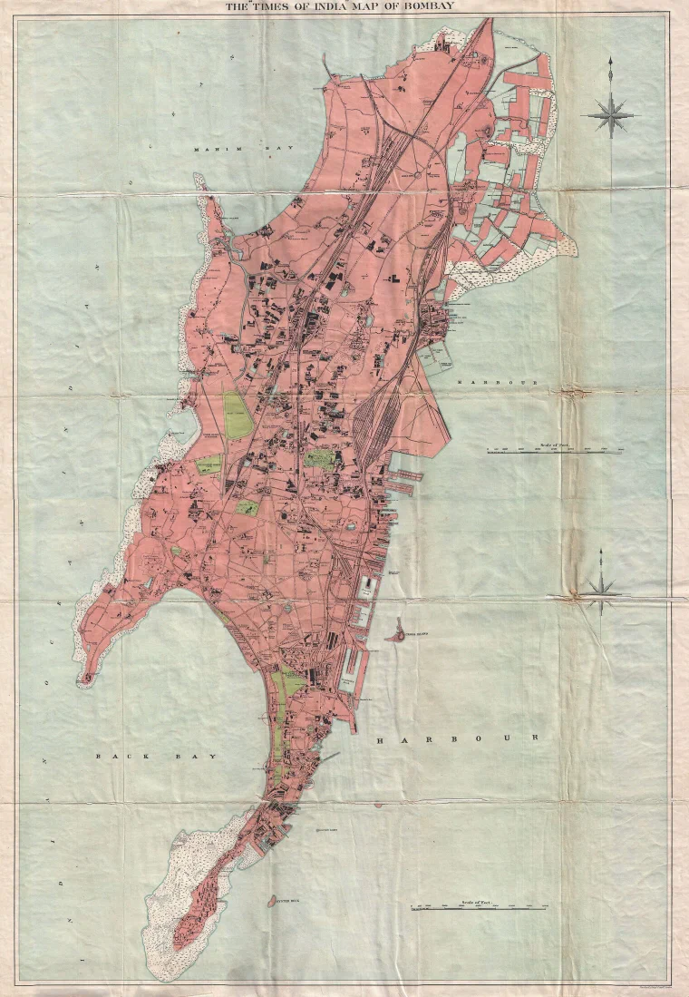 Detailed 1895 Times of India map of Bombay showing the island city, its docks, railways and street grid