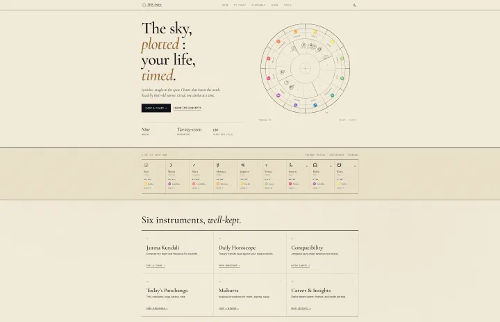 ArsAstro homepage showing a Vedic birth chart and astrology tools