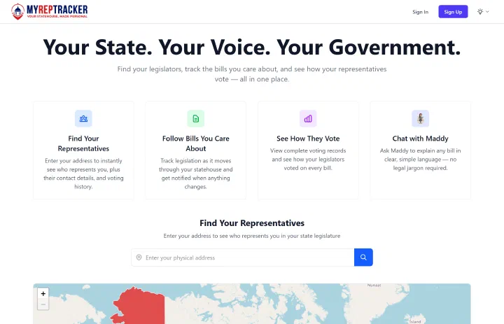 MyRepTracker homepage with feature cards and an address search for finding representatives