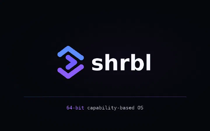 shrbl boot screen with its blue and purple mark and the words 64-bit capability-based OS