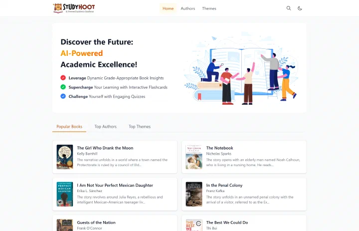 StudyHoot homepage with its book-learning features and a grid of popular books